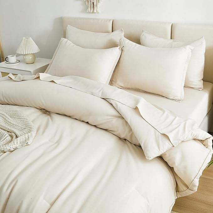 Litanika Twin XL Comforter Set Beige - 5 Pieces Twin Extra Long Bed in a Bag for College Dorm, All Season Bedding Set for Girls and Boys, Cream Soft Bed Set