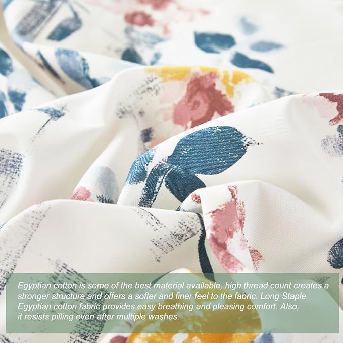 URBONUR Garden Floral Duvet Cover Set 100% Egyptian Cotton Silky Sateen Smooth Breathable Durable Soft Bedding Sets Purple Yellow Flowers Printed on White (3Pcs Full, 80''x90'')