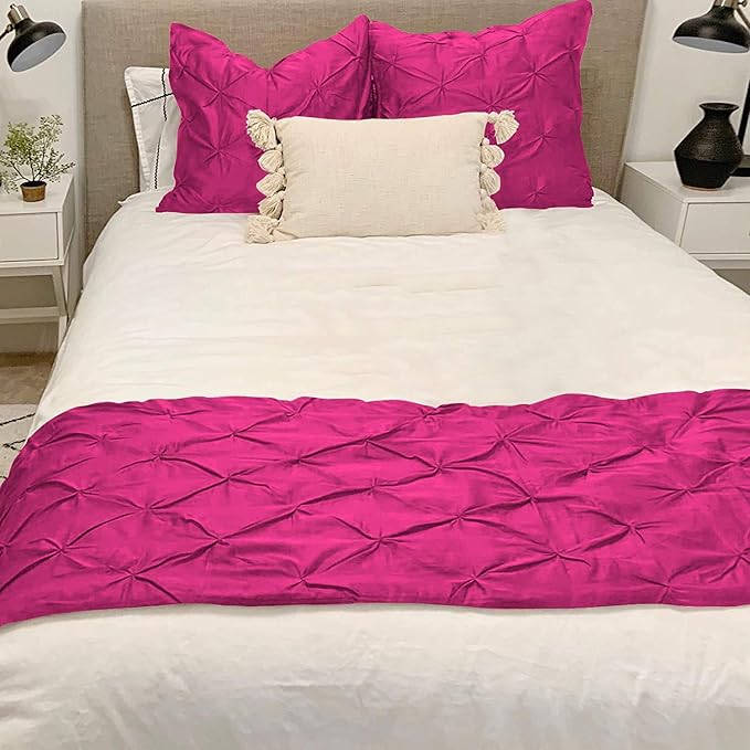 Bed Runner Set - 100% Pure Cotton 800 Thread Count - Luxury 1 Pinch Pleated Bed Runner and 2 Pillow Cover - 3 Piece Pinch Pleated Bed Runner Set California King, Hot Pink