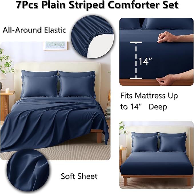 CozyLux Oversized Queen Comforter Set - 7 Pieces Bed in a Bag Navy Blue Comforter Set with Sheets All Seasons Bed Set, Soft Bedding Set with Down Alternative Comforter, Sheets, Pillowcases & Shams