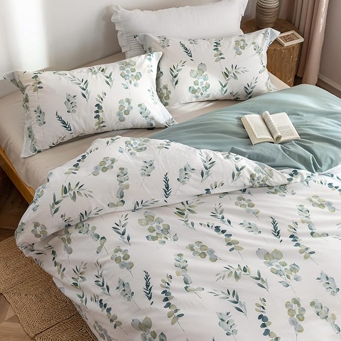 MILDLY King Duvet Cover Sage Green - 100% Washed Cotton Eucalyptus Printed Linen Feel Comforter Cover 3pcs with Zipper Closure Corner Ties