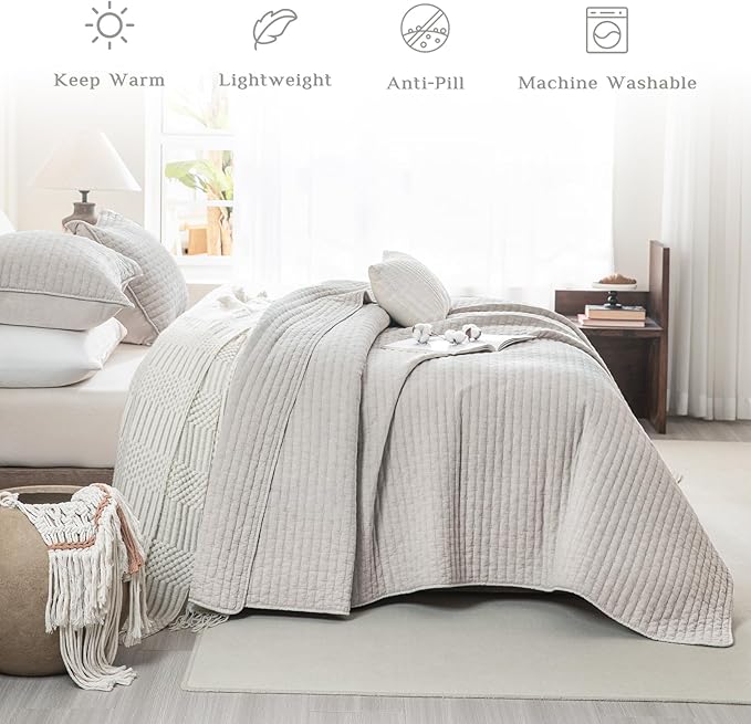 CozyTide Oversized King Quilt 120x120,Stone-Washed Cotton Oversized King Bedspread,3 Pieces Lightweight Ultra Soft Wheat Stitching Pattern California King Coverlet Set for All Season