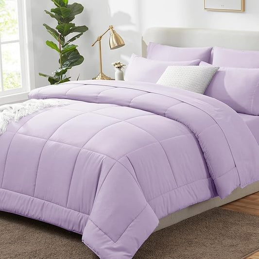 CozyLux Full Size Comforter Sets Lavender, 7 Pieces Bed in a Bag, Light Purple Comforter Full Size, All Season Bedding Sets with Stitch Quilted Comforter, Flat Sheet, Fitted Sheet, Pillowcases
