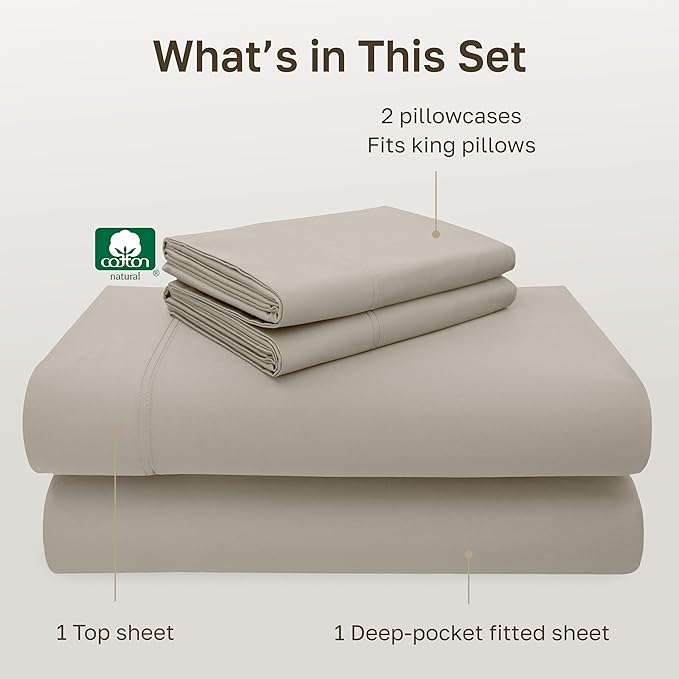 California Design Den Hotel Quality King Bed Sheets Set - Luxury 600 Thread Count Sateen, Natural 100% Cotton King Sheet Set, Fully Elasticized Deep Pockets, Cool and Durable Bedding - Soft Linen