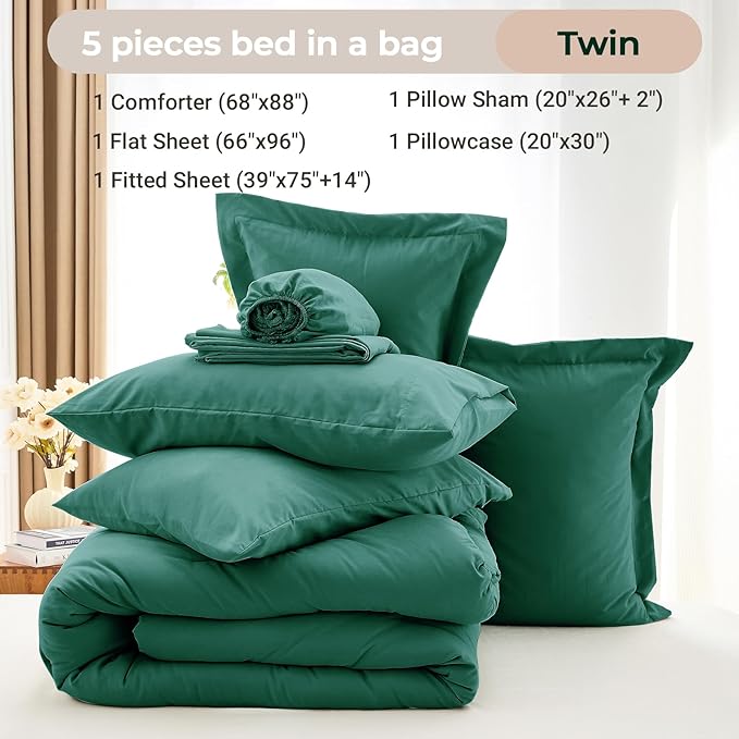 MUXHOMO 5 Pieces Twin Comforter Set, Soft Bed in a Bag Twin Size, All Season Bedding Set with Comforter, Flat Sheet, Fitted Sheet, Pillowcases & Shams, Emerald Green