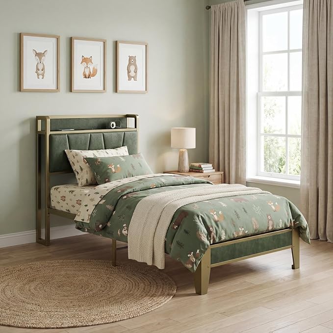 LIKIMIO Twin XL Bed Frame, Storage Headboard with Charging Station, Solid and Stable, Noise Free, No Box Spring Needed, Easy Assembly (Dark Green)