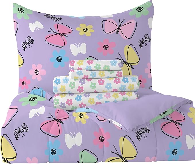 Dream Factory Sweet Butterfly Ultra Soft Microfiber Girls Comforter Set, Purple, Twin