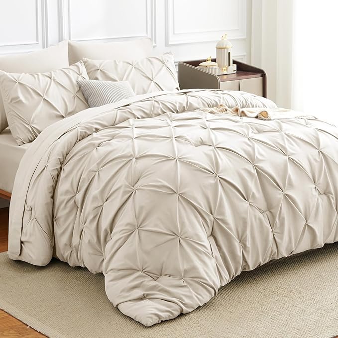 California King Comforter Set Beige, 7 Pieces Pintuck Bed in A Bag Cal King Size Bedding, Soft Bed Set All Season Pinch Pleat Comforter Set with Sheets, Pillowcases & Shams