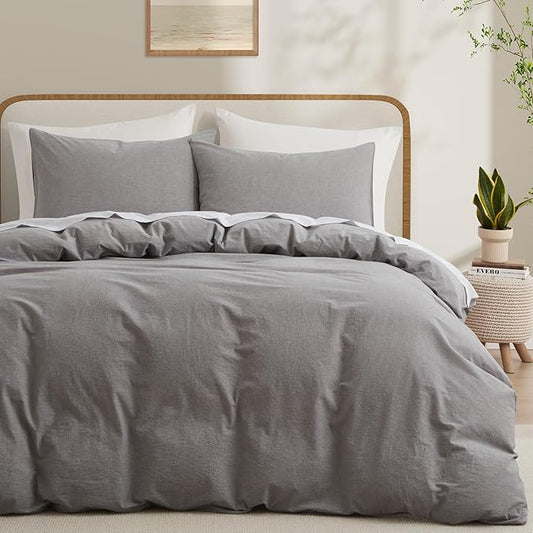 LOVQUE Light Grey Cotton Duvet Cover King Size, Linen Like Natural Bedding Set with Zipper Closure (No Comforter), 104x90 Inches