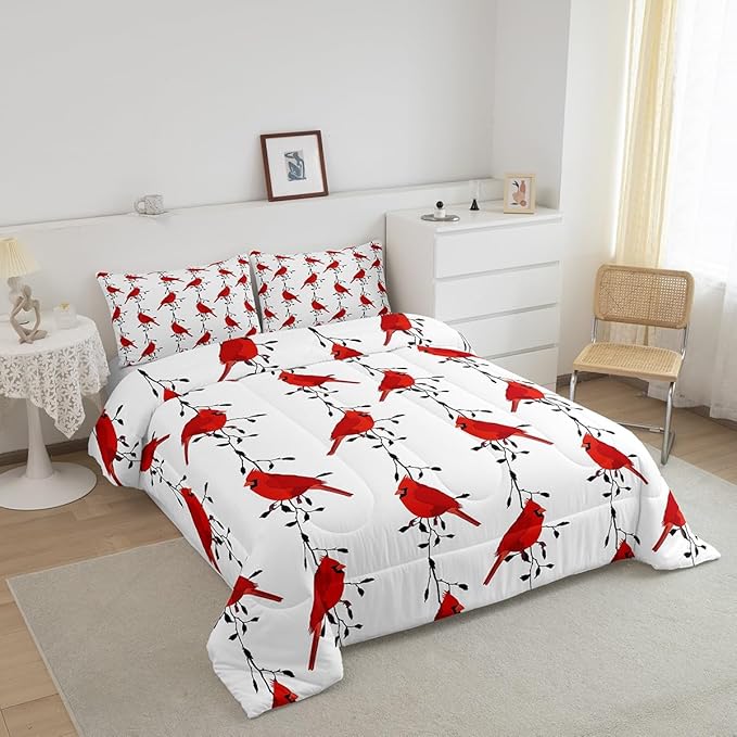Feelyou Kids Cute Bird Bedding Set for Girls Boys Children Red Birds Cardinals Comforter Decorative Black Tree Branches Comforter Set Farmhouse Country Style Duvet Set Twin Size 2Pcs Quilt Set