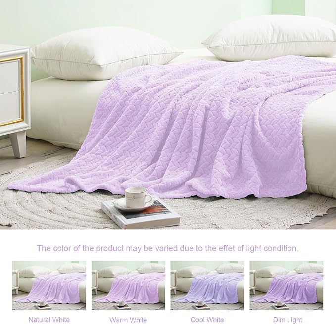 Exclusivo Mezcla Fleece Twin Size Blanket for Bed, 90x66 Inches Soft Cozy Jacquard Flannel Blankets, Lightweight Fuzzy Plush Warm for Women, Lilac Purple