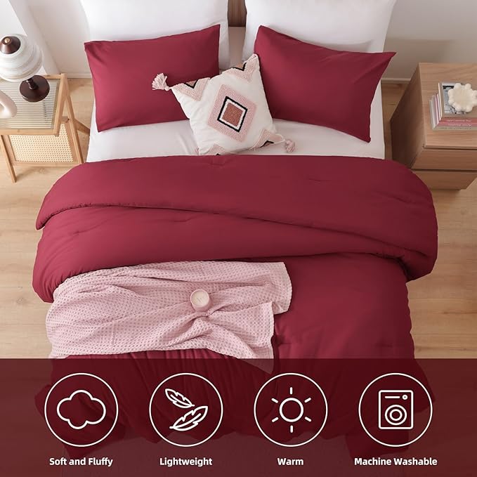 ROSGONIA Full Size Comforter Sets for Girls Boys Kids Dark Red, 3pcs Comforter Full Size (1 Comforter & 2 Pillowcases) Lightweight Dorm Bedding Sets
