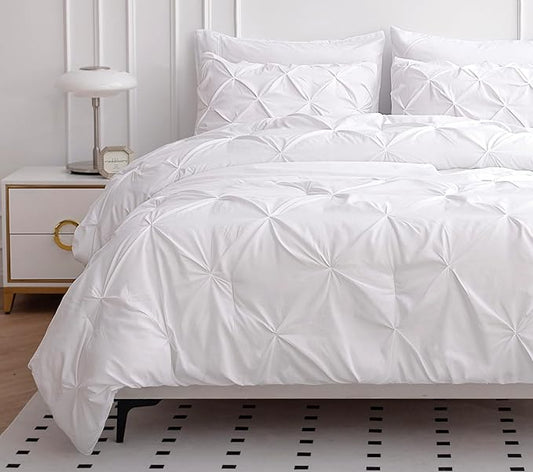 LANE LINEN Twin XL Comforter Set - Extra Long 5 Piece Dorm Bedding Sets - Pinch Pleat Bed in a Bag - Includes Pintuck Comforter, Sheets, Pillowcase & Sham - Durable Stitching for Everyday Use - White | Durable stitching, Soft pinch pleat, Extra long co...