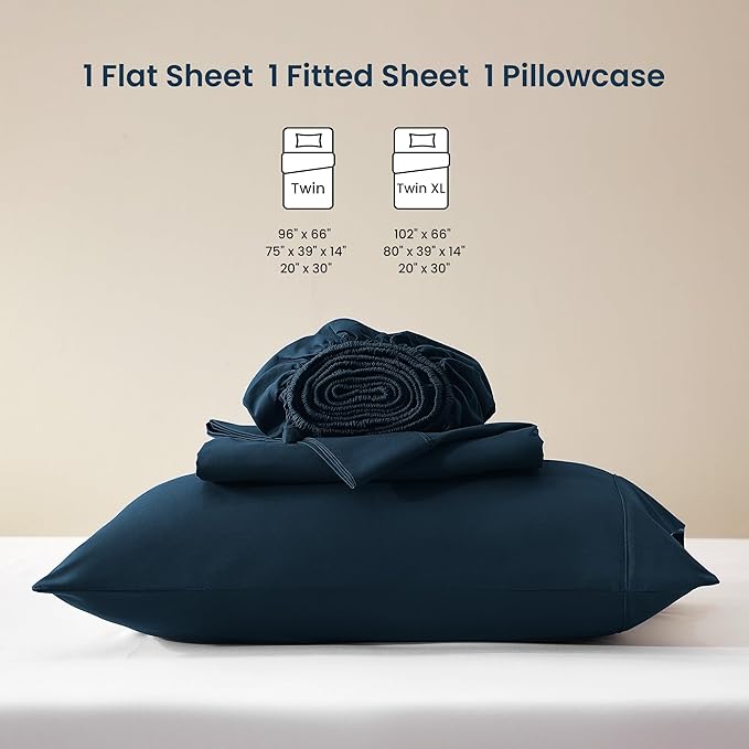 SLEEP ZONE Nanotex Super Soft Cooling Twin Bed Sheets Set for Kids 3 Piece - Easy Care Fitted Flat Sheet & Pillowcase Sets - Wrinkle Free, Fade Resistant, Deep Pocket 16" (Navy Blue, Twin)
