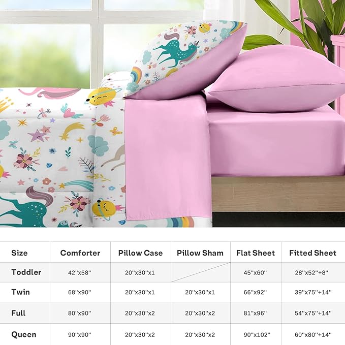 Nesker 5 Pcs Comforter Set Twin Size, Cute Colorful Unicorns Bedding Set for Kids Teen, Cloud Rainbow Bed Sheet with Pillowcase & Sham
