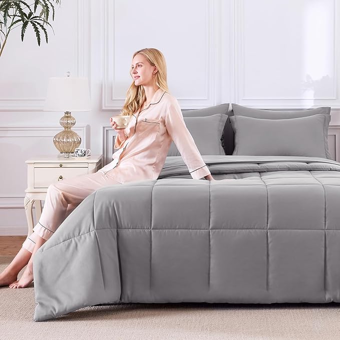CozyLux Full Size Comforter Sets Grey - 7 Pieces Bed in a Bag Full, Oeko-Tex Certified Bed Set, All Season Soft Bedding Set with Down Alternative Comforter, Sheets, Pillowcases & Pillow Shams