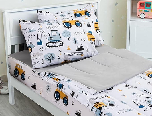 Meeting Story 3pcs Kids Comforter Sets Zipper Bedding Set for Boys,Full Kid Bedding Set Car Comforter Construction Bedding for Kid,All in one Zipper Bedding（White,Full）