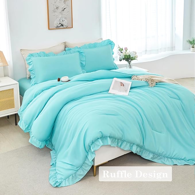 ANGIYUIN Aqua Blue Twin Size Comforter Sets for Teens Girls 5 Pieces Ruffle Bed in A Bag with Sheets Solid Elegance Bedding Comforter Sets for All Season(Aqua Blue Twin)
