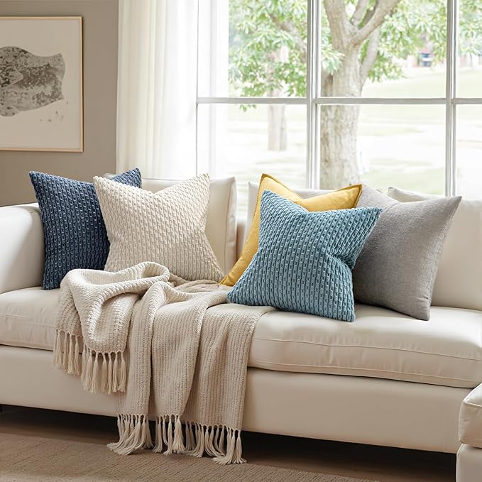 MIULEE Pack of 2 Decorative Lumbar Throw Pillow Covers 12x20 Inch Soft Boho Striped Textured Corduroy Pillow Covers Modern Farmhouse Home Decor for Couch Bed Sofa Living Room Cream White