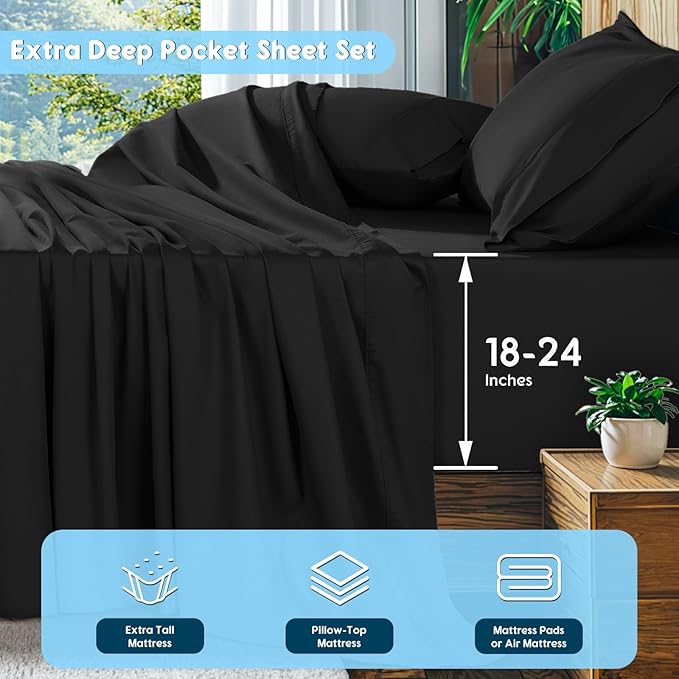 SONORO KATE 100% Egyptian Cotton Sheets Set, Extra Deep Pocket up to 18"-24",1000 High Thread Count, Soft & Breathable 5-Star Hotel Sateen Bed Sheets - 4 PC (Black,King)