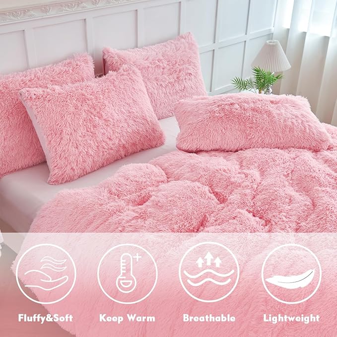 PERFEMET 3 Pcs Shaggy Pink Girls Bedding Set Queen Size Plush Faux Fur Kids Comforter Set for Girl Teens Ultra Soft Cozy Furry Fuzzy Comforter with Pillowcases(Pink, Queen)