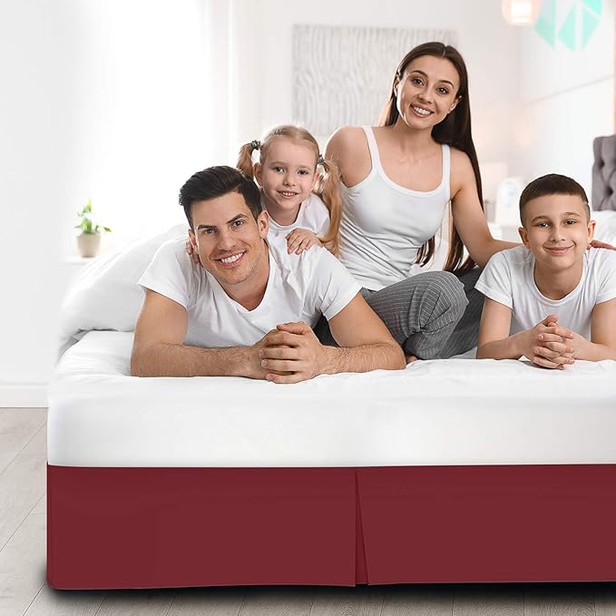 Pleated Bed Skirt 10 Inch Drop Queen Size – Wrinkle-Free Microfiber – Dust Ruffle with Split Corners Burgundy