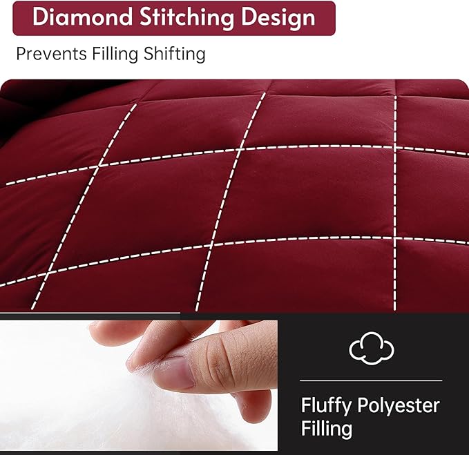 MUXHOMO 5 Pieces Twin Comforter Set, Reversible Bed in a Bag Twin Size, All Season Bedding Set with Comforter, Flat Sheet, Fitted Sheet, Pillowcases & Shams, Burgundy & Rose Gold