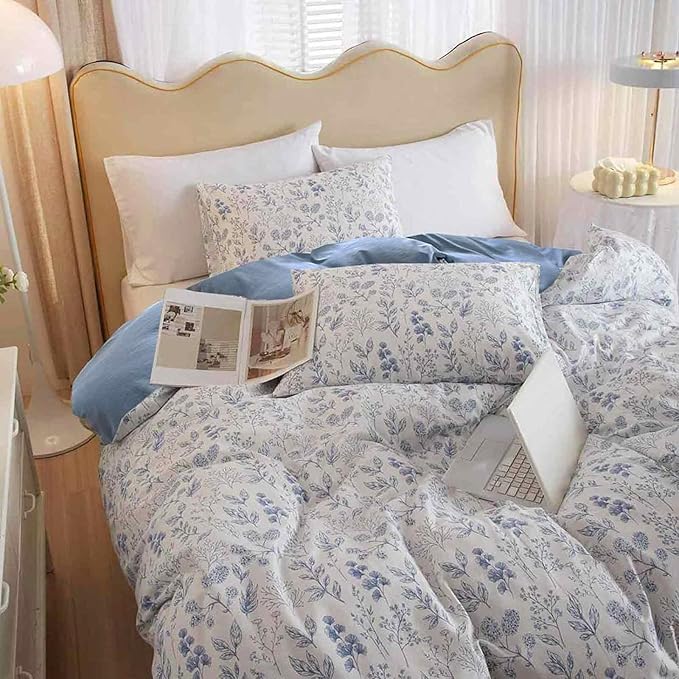 Faincy 7 Pcs Queen Size Comforter Set with Sheets, Blue Floral and White Flower Leaf Pattern Print Alternative Bed Sets - 90 x 90 inch Soft Microfiber Farmhouse Vintage Bedding in a Bag for Women Men