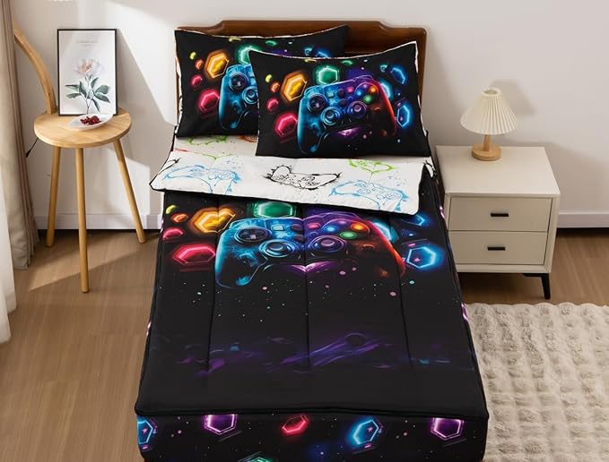 Meeting Story 3pcs Kids Comforter Set Zipper Bedding Set for Boys,Twin Kid Bedding Set Gaming Bedding for Kid,All in one Zipper Bedding (Black,Twin)