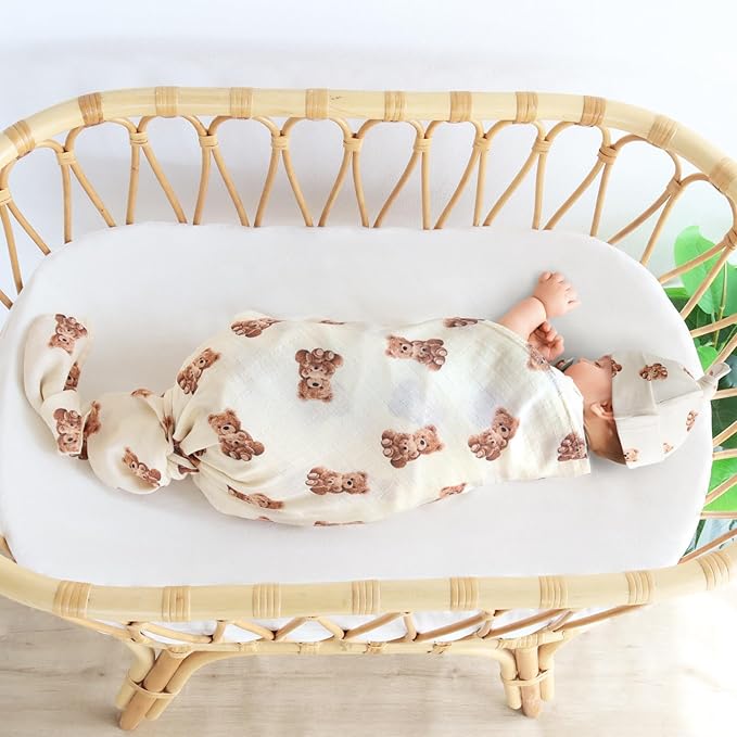 LifeTree Muslin Swaddle Blankets, Muslin Baby Swaddle Blanket and Hat Set with Birth Announcement Card, Newborn Unisex Receiving Blankets Bear Pattern