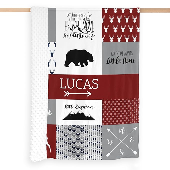Customzed Baby Blanket for Boys Super Soft Double Layer with Dotted Backing, Monogrammed Receiving Blanket with Cute Woodland Multicolor Printed Blanket Red 40 x 50 Inch