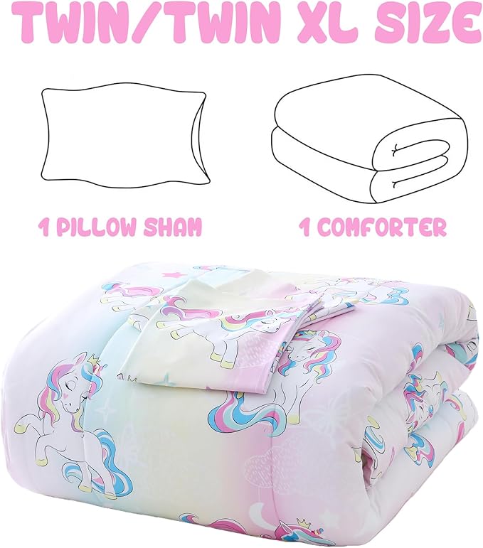 Yibeizi Twin Bed Comforter Set, Kids Lightweight All-Season Comforter Set Cute Rainbow Unicorn Pattern Microfiber Breathable Hypoallergenic Soft Oeko-Tex Bedding Comforter Sets