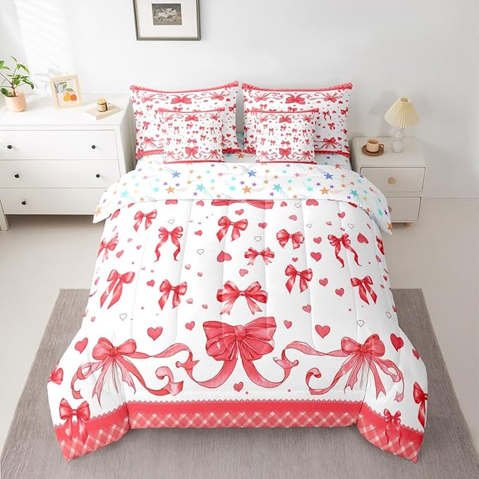 Feelyou Bowknot Comforter Set with Sheets 7 Piece Twin Size Dreamy Princess Bedding Set for Kids Boys Girls Cute Bow Bed in a Bag Love Hearts Room Decor Soft Lightweight Microfiber