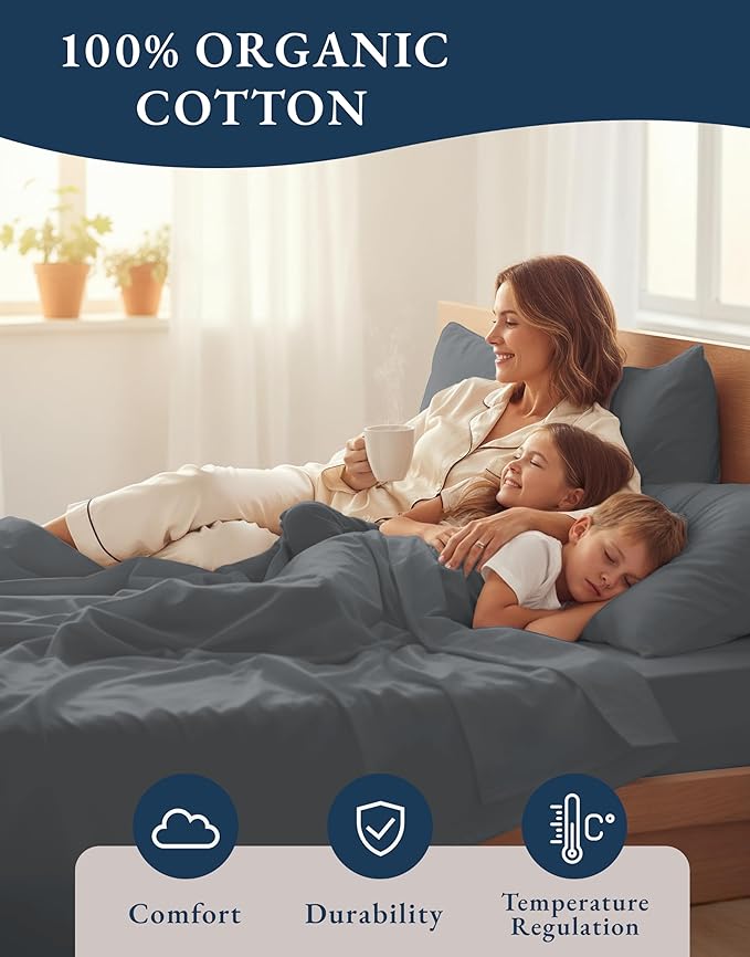 LANE LINEN 100% Organic Cotton Sheets King Size Machine Washable Fully Elasticized Soft & Comfy Mercerized Sustainably Produced All Season Eco Friendly Cotton Sheets sábanas King- Charcoal