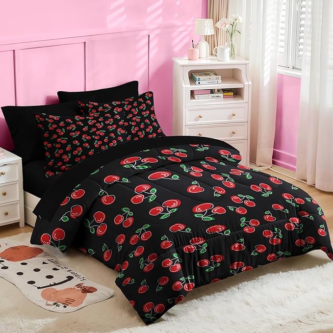 Nesker 7 Pcs Comforter Set Full Size, Retro Red Black Bedding for Kids Teen, Cherry Fruit Bed Sheet with Pillowcase & Sham