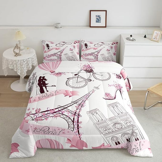 Paris Eiffel Tower Bedding Set for Girls Kids Couple Lover Romantic French Comforter Trip Design Comforter Set Pink White Room Decor Famous Cityscape Duvet Set King Size Bedspreads Coverlet Sets Boys