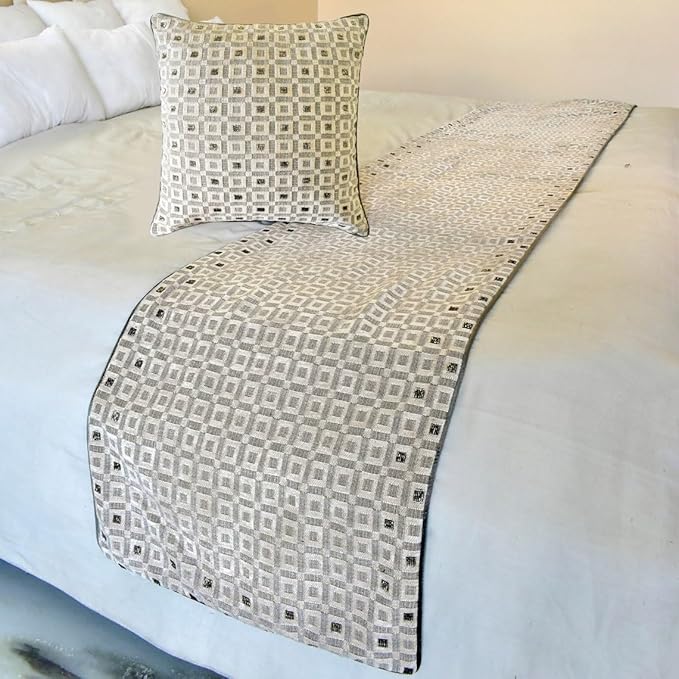 The HomeCentric King/Queen/Twin Grey Designer King 90"x18" Bed Runner Without Pillow Cover, Checkered, Beaded, Hand Embroidery Bed Scarf on Velvet Fabric - The Brick Effect