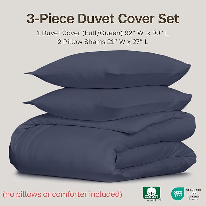 California Design Den 3 Pc Full/Queen Duvet Cover Set - Winner Good Housekeeping Best Bedding Awards 2025, 400 Thread Count Sateen, 100% Cotton, Button Closure, Corner Ties - Indigo Dusty Blue