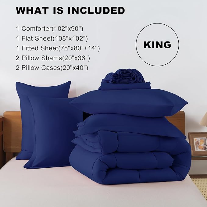 ELNIDO QUEEN® King Size Comforter Set Navy - 7 Pieces King Bed in a Bag, Bed Set All Seasons, Soft Navy Bedding Sets with Dark Blue Comforter, Flat Sheet, Fitted Sheet, Pillowcases and Pillow Shams