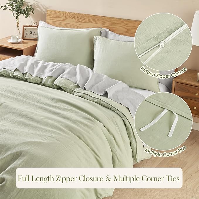 DAPU 100% Linen Duvet Cover Set - Pure Natural French Flax Linen with Corner Ties and Zipper Closure Soft Breathable Durable for Hot Sleepers 1 Duvet Cover 2 Pillowcases (Sage Green, King)