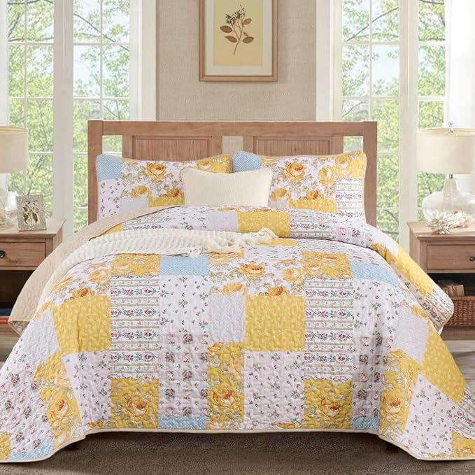 Anibedding Yellow Patchwork Quilt Set King Size Boho Floral Plaid Bedspread Coverlet Set, Soft Microfiber Bedding Set Summer Bed Cover, Yellow & Blue Patchwork Farmhouse Bedspread for All Season