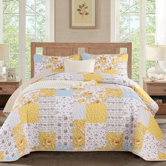 Anibedding Yellow Patchwork Quilt Set King Size Boho Floral Plaid Bedspread Coverlet Set, Soft Microfiber Bedding Set Summer Bed Cover, Yellow & Blue Patchwork Farmhouse Bedspread for All Season