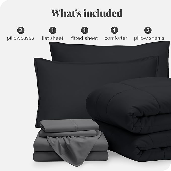 Bare Home Bed-in-A-Bag 7 Piece Comforter & Sheet Set - Queen - Goose Down Alternative - Ultra-Soft 1800 Premium Bedding Set (Queen, Black/Grey)
