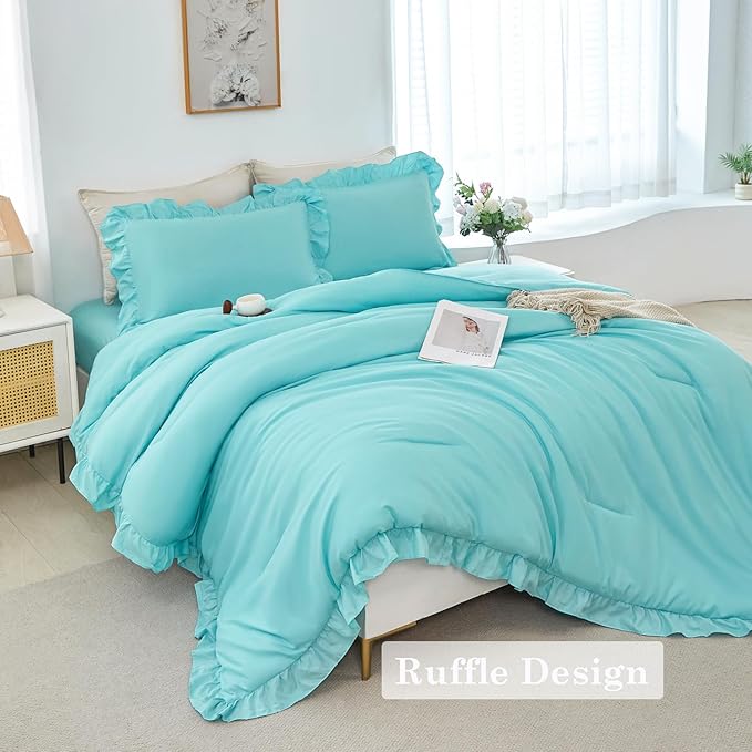ANGIYUIN 5Pcs Queen Size Ruffled Comforter Sets Aqua Blue Ruffle Bedding Sets Farmhouse Bed Sets Solid Elegance Bed in A Bag for Girls Women（Aqua Blue Queen）
