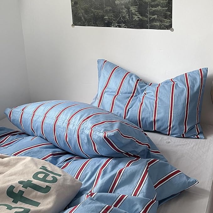mixinni Vintage Striped Blue Duvet Cover Twin - 100% Cotton Red Stripes 3-Piece Bedding Duvet Cover Set with Zipper Closure, Soft & Breathable Retro Design for All Seasons (Twin Size)