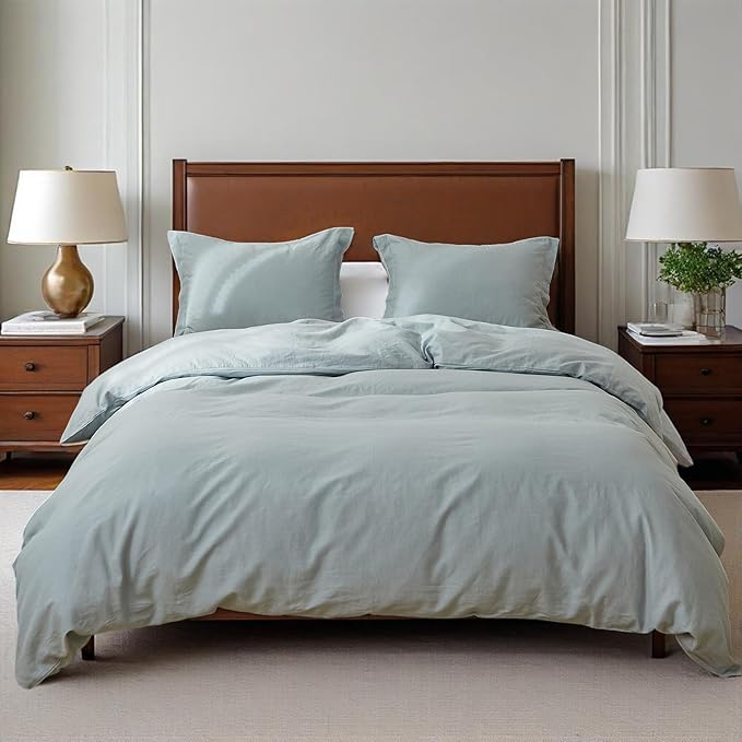 Simple&Opulence 100% Linen Duvet Cover Set, 3 PCS Natural French Flax Dusty Blue Duvet Cover Full Size, Breathable Soft Comfy Linen Bedding Comforter Cover with 2 Pillowcases(Dusty Blue, 78"x86")