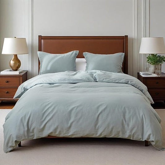Simple&Opulence 100% Linen Duvet Cover Set, 3 PCS Natural French Flax Dusty Blue Duvet Cover Full Size, Breathable Soft Comfy Linen Bedding Comforter Cover with 2 Pillowcases(Dusty Blue, 78"x86")