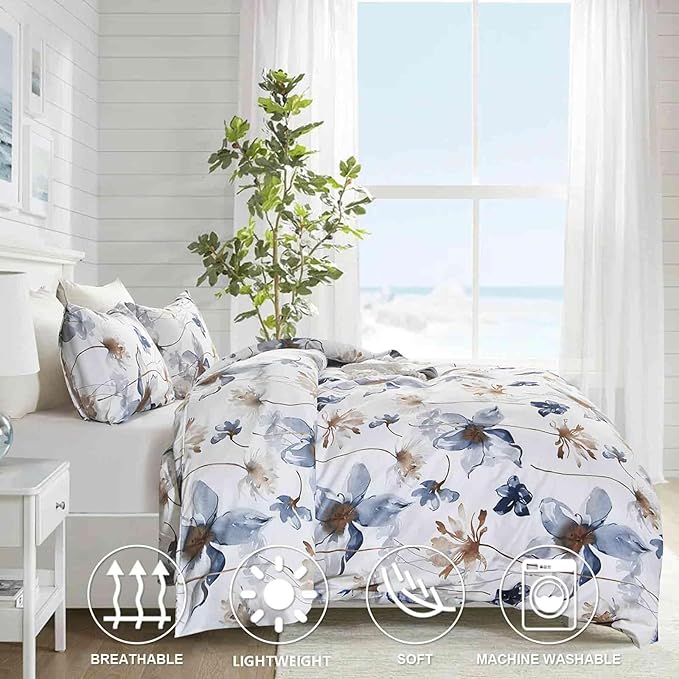 Nanko Blue Floral Duvet Cover Set King Size, Beige Tan Flower Leaf Print Pattern, Soft Microfiber Reversible Comforter Bedding Cover with Zip Ties - Spring Farmhouse for Women Men, 3 Pcs 104 x 90