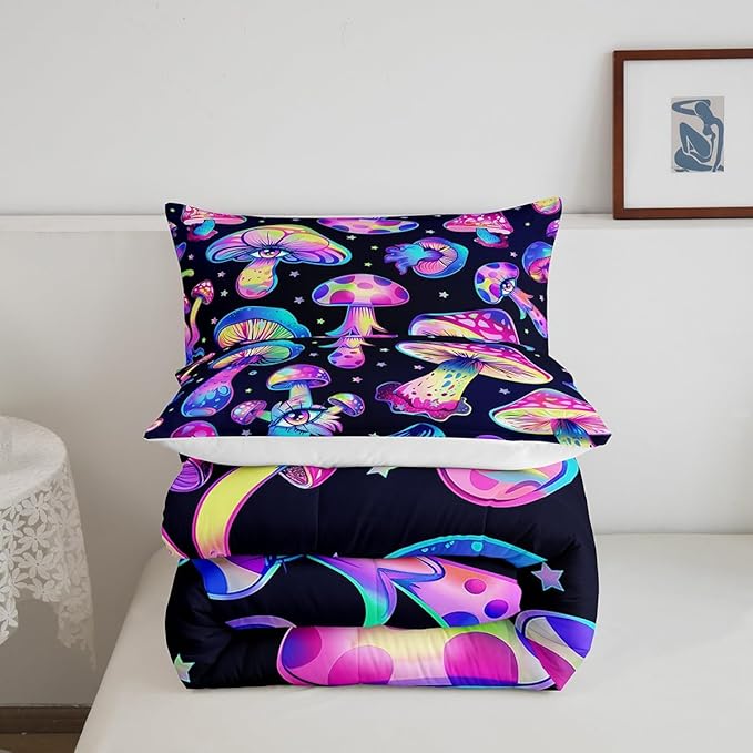 Mushroom Comforter Set Full,Kawaii Trippy Botanical Bedding Set Psychedelic Plant Down Comforter For Kids Girls Teens Women Cartoon Cute Mushroom Room Decor Quilt Duvet Set With 2 Pillow Cases Black