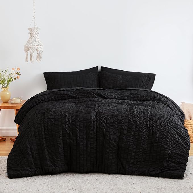 Love's cabin Seersucker Black Twin XL Comforter Set, 5-Piece All Season Lightweight Bed in a Bag Bedding Set with Comforter, Flat Sheet, Fitted Sheet, Pillowcase and Sham | Soft, Breathable, Lightweight